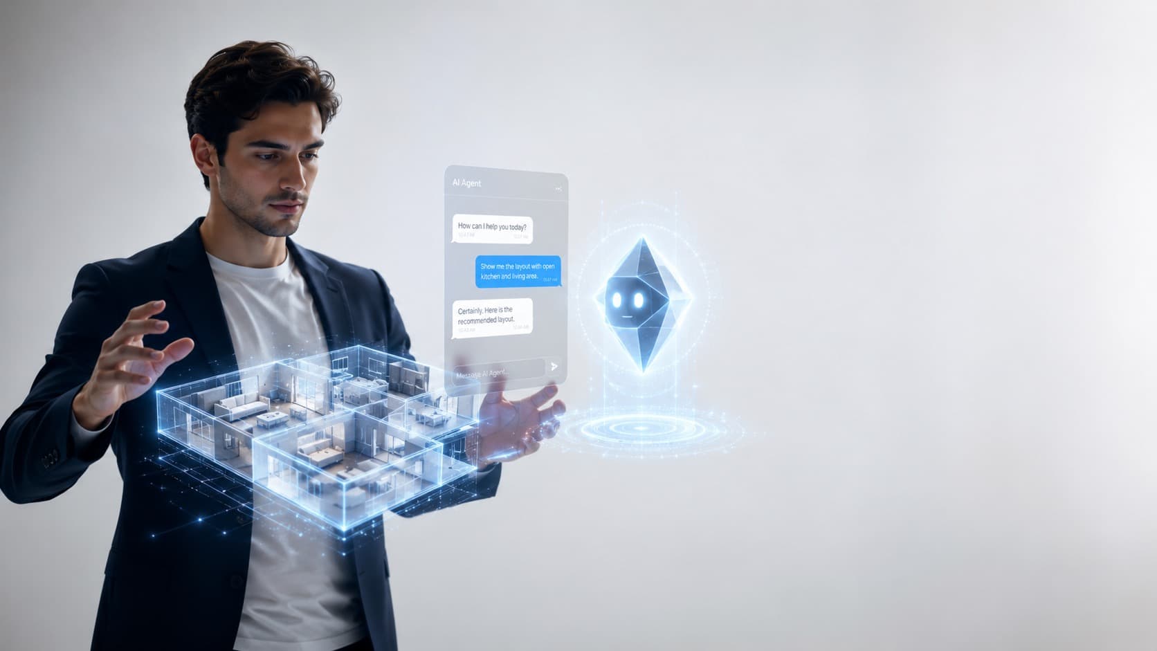 Professional interacting with holographic property model and AI assistant interface