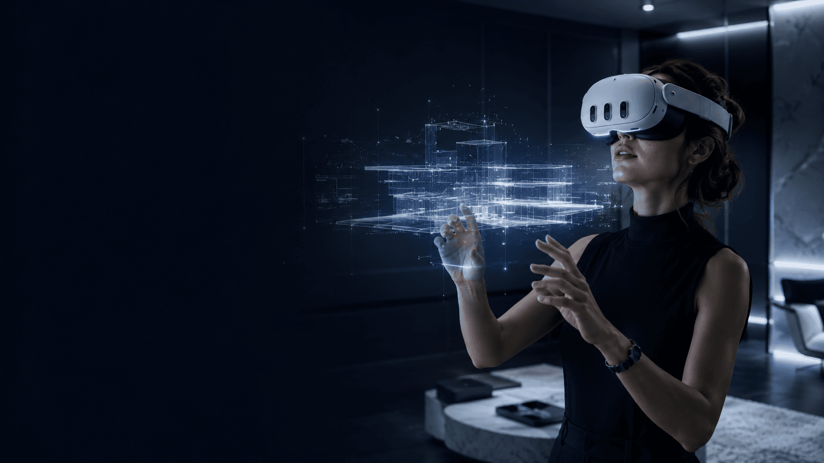 Person wearing Meta Quest 3 exploring an immersive architectural hologram
